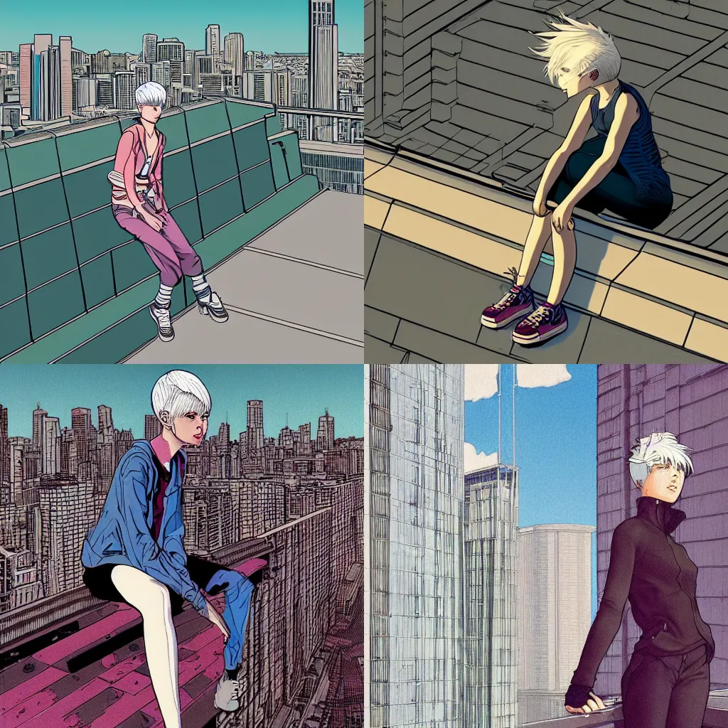 Prompt: young woman with short white hair and grey eyes. She is apathetic. She wears punk clothing. She is sitting on a rooftop ledge. The ledge overlooks a modern city skyline. Album art in the style of Moebius, in the style of Peter Chung,