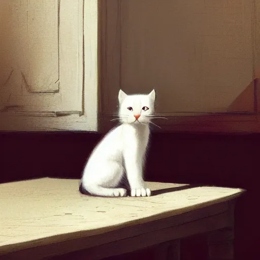Prompt: A little white kitty sitting on a table, Graceful body structure,cute,Symmetrical face,highly detailed,elegant,Marc Simonetti and Caspar David Friedrich, Trending on artstation