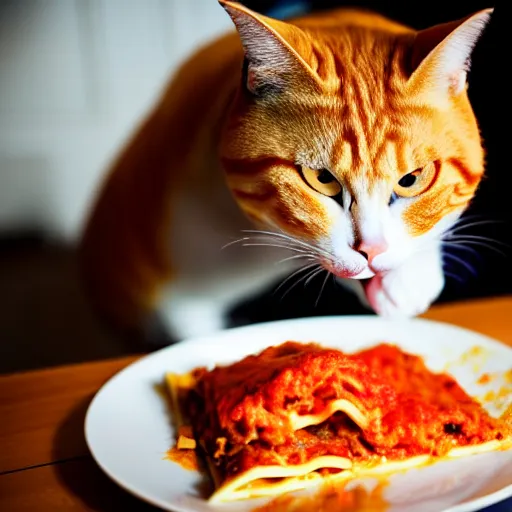 Image similar to an obese orange tabby cat eating lasagna on monday, photo, 8 k