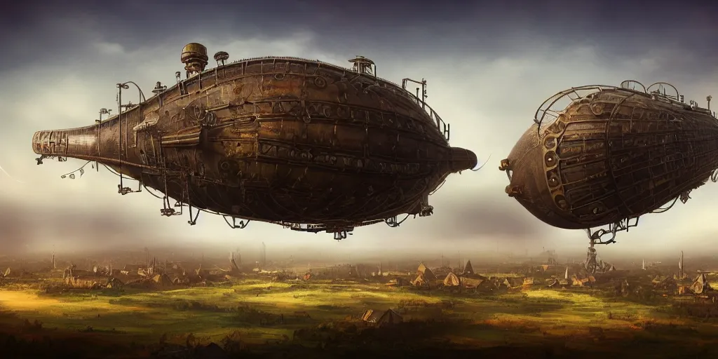 Image similar to steampunk airship hovering over fields and small houses, science fiction digital art, award winning, trending on artstation, digital art. highly detailed 8 k. intricate. lifelike.