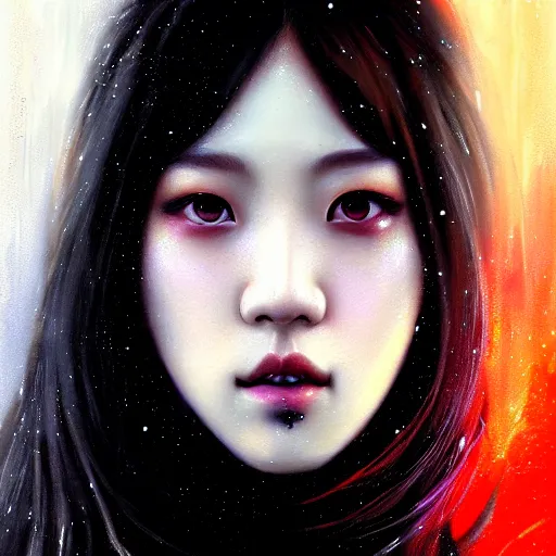 Image similar to jisoo of blackpink, hyperrealistic portrait, bladerunner street, by karol bak and agnes cecile, fantasy art, photo realistic, dynamic lighting, artstation, poster, volumetric lighting, very detailed face, intricate complexity, rule of thirds, 8 k, award winning