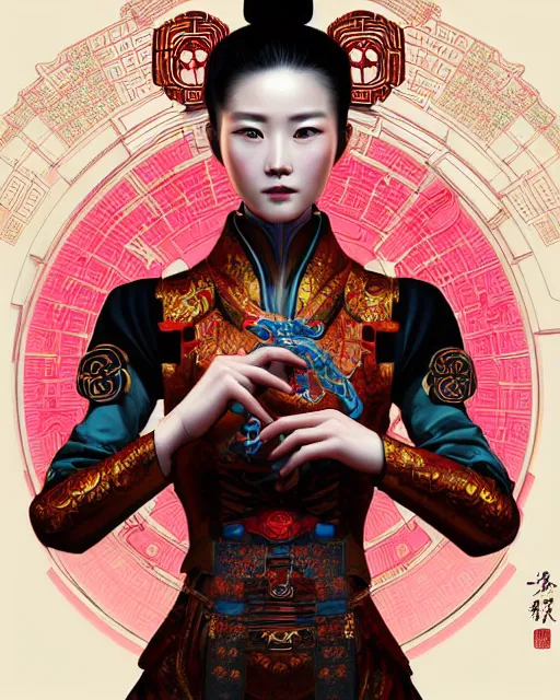 Image similar to portrait of a chinese cyberpunk machine, machine face, arms, upper half portrait, decorated with chinese opera motifs, regal, asian, fine china, wuxia, traditional chinese art intricate intense elegant 京 剧 highly detailed digital painting artstation concept art smooth sharp focus illustration, art by artgerm and greg rutkowski alphonse mucha 8 k