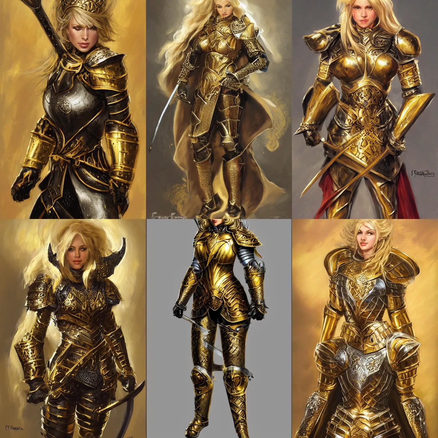 Prompt: Gorgeous Blond Lady Knight in an ornamental Gold and Black armor, fantasy, by Frank Franzetta, trending on Artstation, trending on Deviantart, artstationHQ, artstationHD, full color