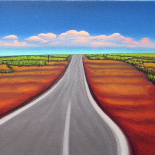 Prompt: depression highway, oil and acrylic on canvas, surrealism, high detail