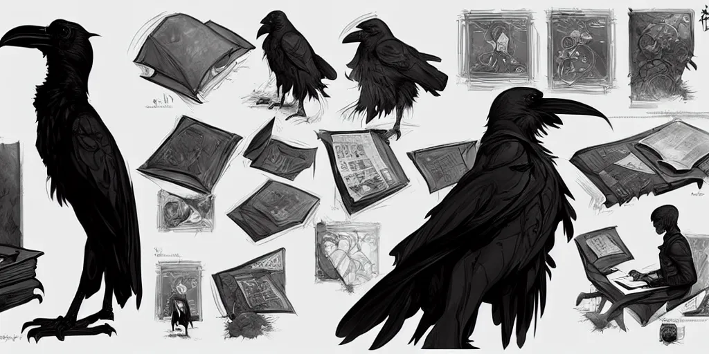 Image similar to a raven scholar writing at his desk. character sheet, character design, contrast, deep focus, turnaround, highly detailed, dramatic lighting, digital painting, artstation, concept art, matte, sharp focus, illustration, elegant, art by artgerm and greg f and alphonse mucha.