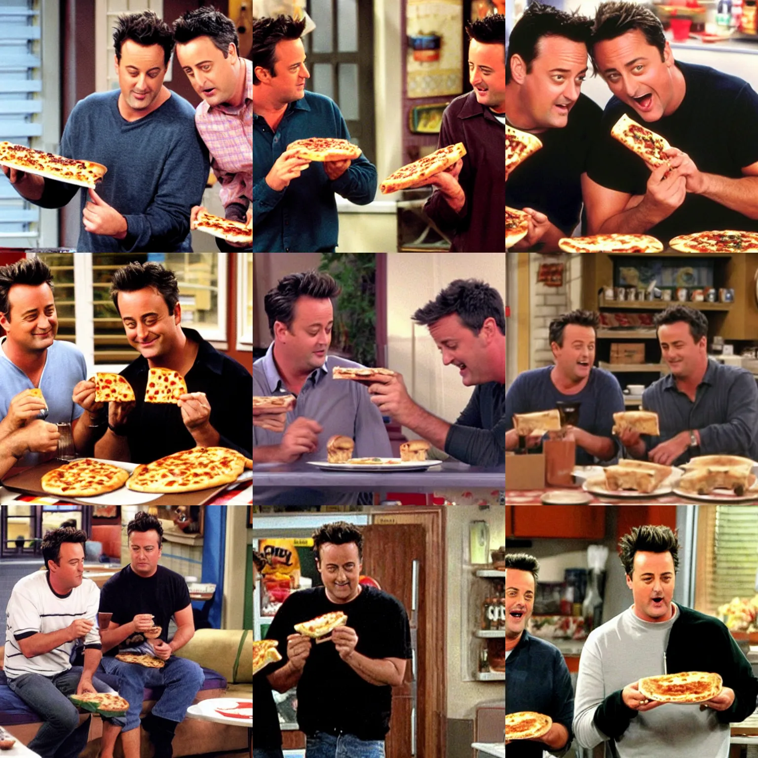 prompthunt: friends tv show episode, chandler bing eating pizza
