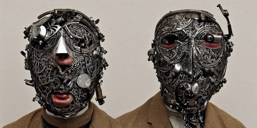 Prompt: a beautiful cyborg made of ceremonial william morris maske