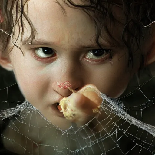 Prompt: Lord of the rings spider eating a human baby in its web realistic painting ultra detailed horror UHD 4k