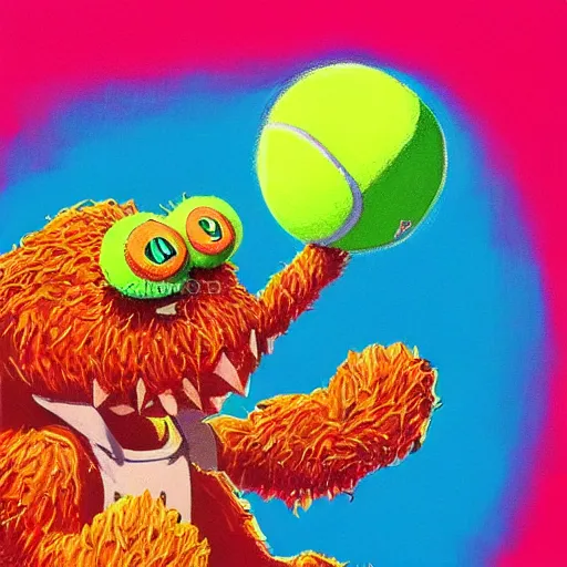 Image similar to a tennis ball monster ,tennis ball, tennis racket, colorful, digital art, fantasy, magic, trending on artstation, ultra detailed, professional illustration by Basil Gogos