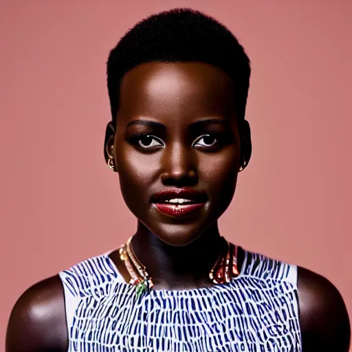 Image similar to Fully-clothed full-body close-up portrait of Lupita Nyong'o, XF IQ4, 50mm, F1.4, studio lighting, professional, 8K