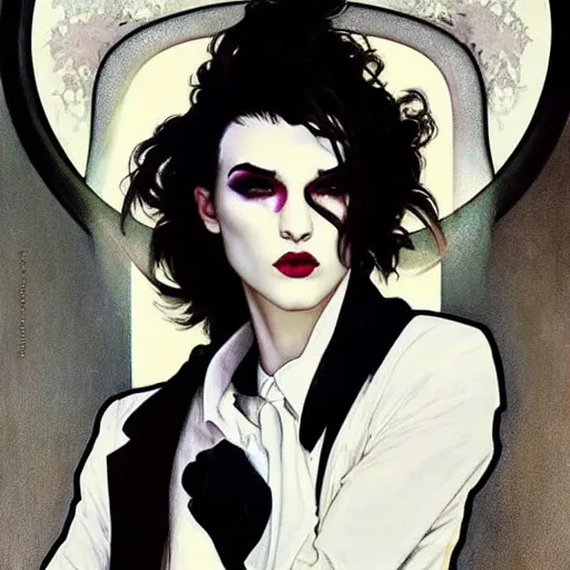 Image similar to beautiful portrait of androgynous ruby rose as desire from sandman in a white tuxedo!!!, rockabilly style,, by alphonse mucha, by jeremy mann, by peter lindbergh, cedric peyravernay, by frank moth, white suit and black tie, soft lightning, high detailed, 8 k