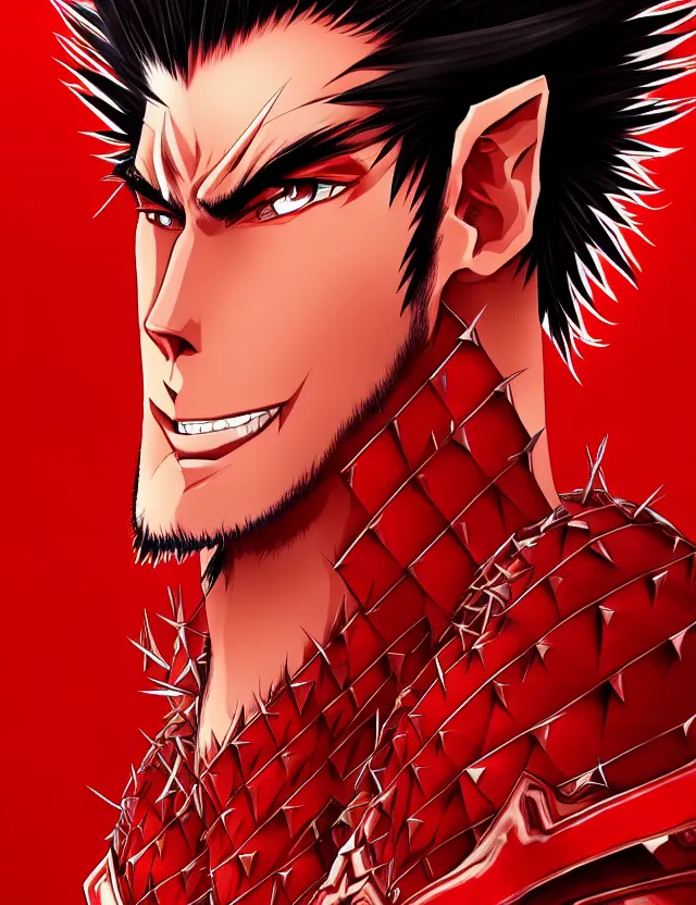 Image similar to a detailed manga portrait of a handsome tall man with spiked crimson hair in fiery crimson crystalline armour, trending on artstation, digital art, 4 k resolution, detailed, high quality, sharp focus, hq artwork, coherent, insane detail, character portrait