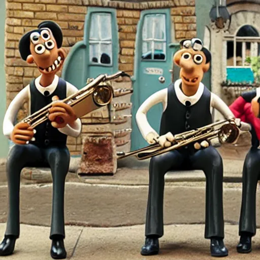 Prompt: jazz trio in Wallace & Gromit