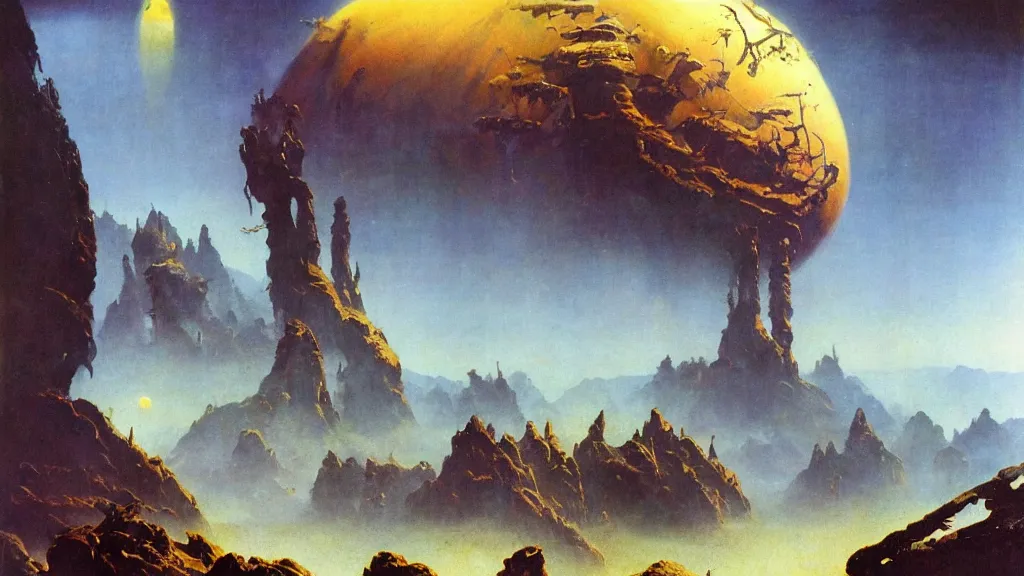 Image similar to surreal eerie alien planet empire by frank frazetta and bruce pennington, cinematic matte painting