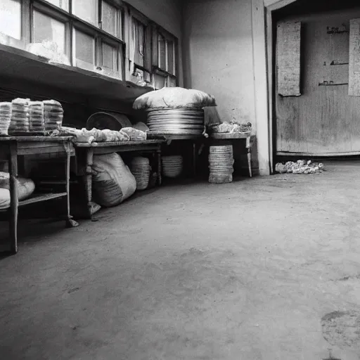 Prompt: An empty kitchen. The smell of a thousand meals linger in the air like an unpleasant memory. Sacks of flour and other supplies are stacked everywhere; the place looks more like a warehouse than a home, as if they aren't going to be cooking anything for at least another two months.