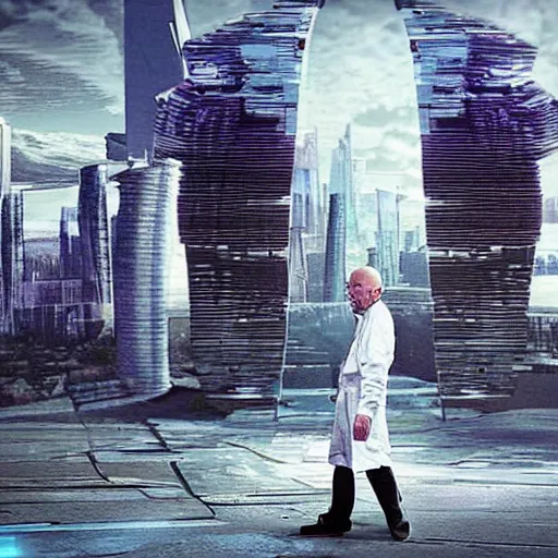 Prompt: walter white walking around in a futuristic city, made of fractals