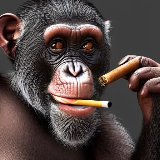 Image similar to a high detail closeup shot of a chimp wearing a suit 👔,and smoking a cigarrette🚬, cgcosiety, artstation, unreal engine, realism