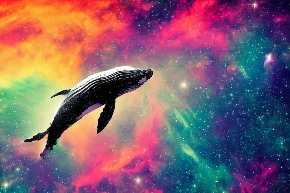 Image similar to a beautiful humpback whale swimming through a colorful nebula in space