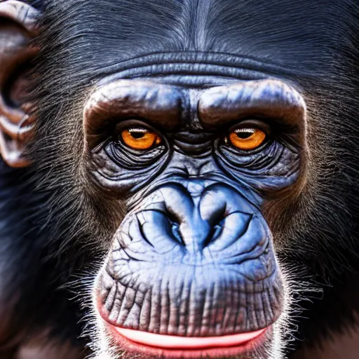 Prompt: a hyper realistic photo close up of a chimpanzee warrior staring fiercely into the camera. it is wearing very detailed and engraved samurai armor. award - winning 4 k photograph, strong contrast