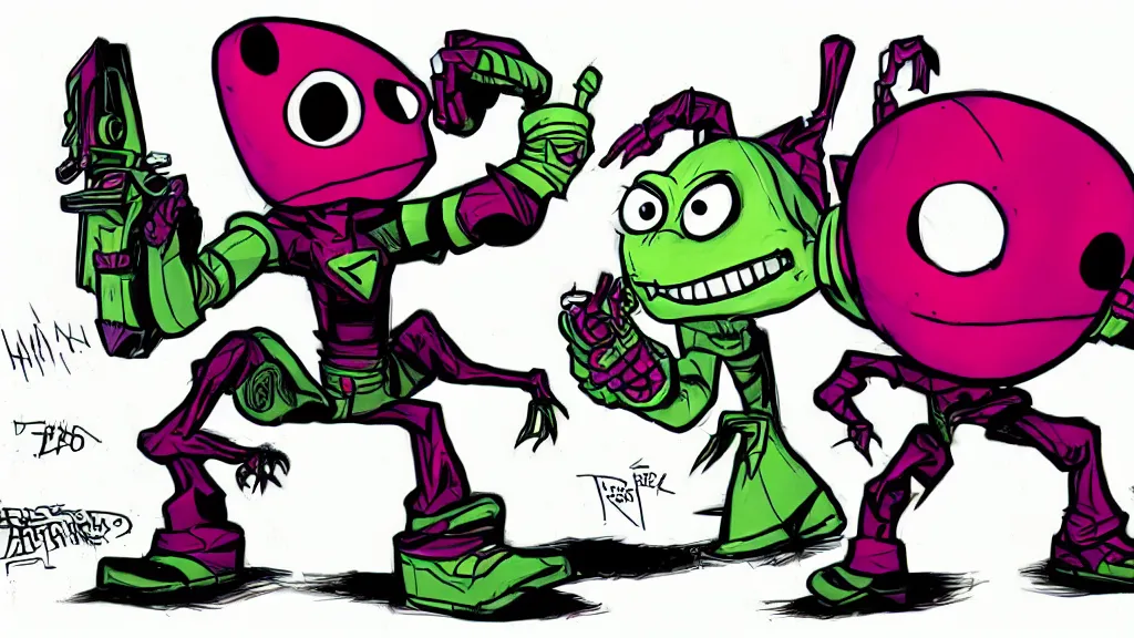 Image similar to Zim!!! from Invader Zim, in the style of artist Kim Jung Gi,