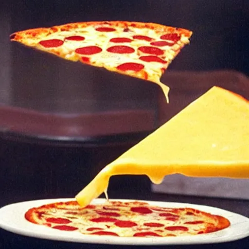 Image similar to a still from a pizza commercial, cheese stretches off a slice 1 9 8 0 s