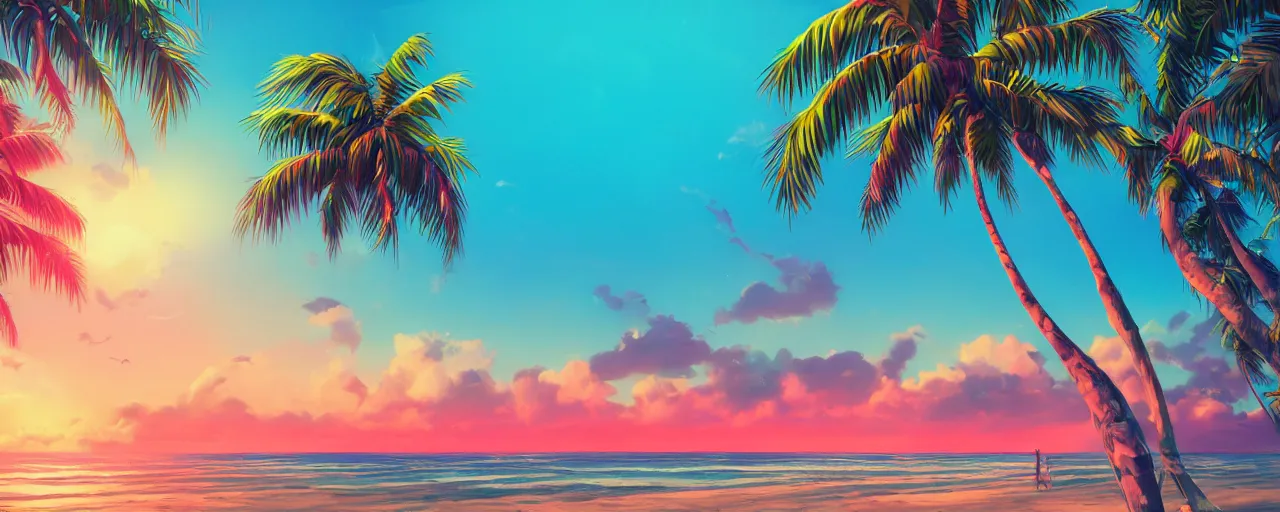 Prompt: A highly detailed wallpaper of a vaporwave beach at sunset in vaporwave style, sun, ocean, palm trees, artstation, cgsociety, masterpiece