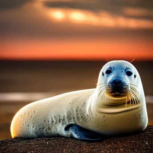 Prompt: arctic seal staring into the eyes of a beautiful man with brown curly hair, high cheek bones, small nose and blue eyes, golden sunset in the background, side profile view, high detail, cinematic, digital art