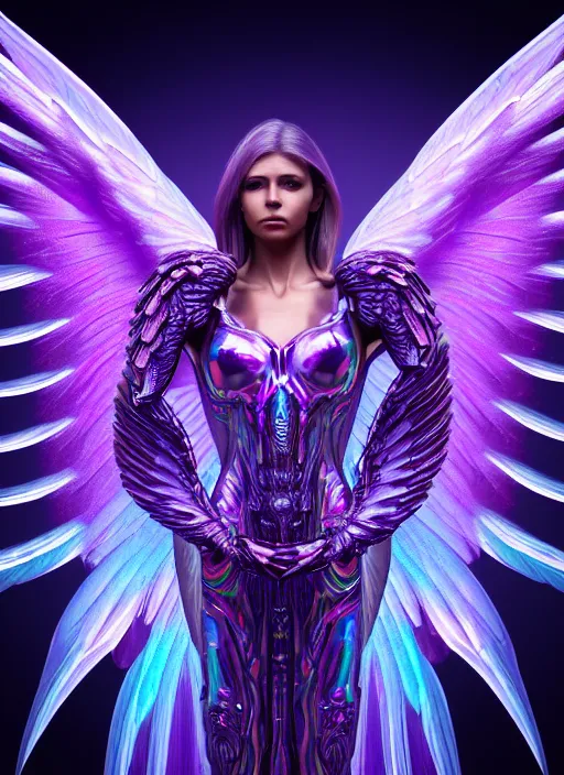 Image similar to a photo of 8 k ultra realistic female archangel with 6 wings, full body, intricate purple and blue hard surfaces, futuristic, science fiction themes, highly saturated colors, holographic undertones, overdetailed art, concept art, detailed illustration, hd, 4 k, octane rendered