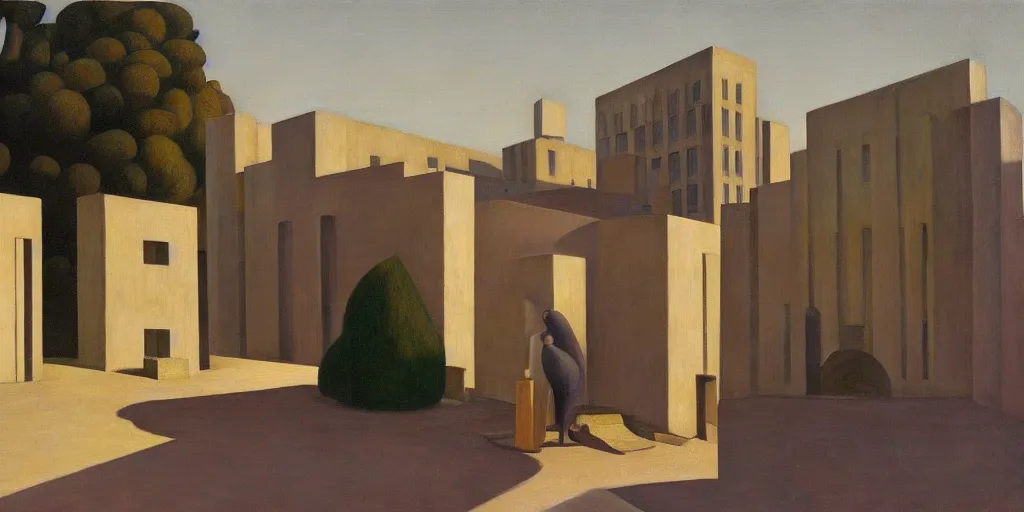 Image similar to brutalist architecture, fantastical courtyard, morning light, grant wood, pj crook, edward hopper, oil on canvas