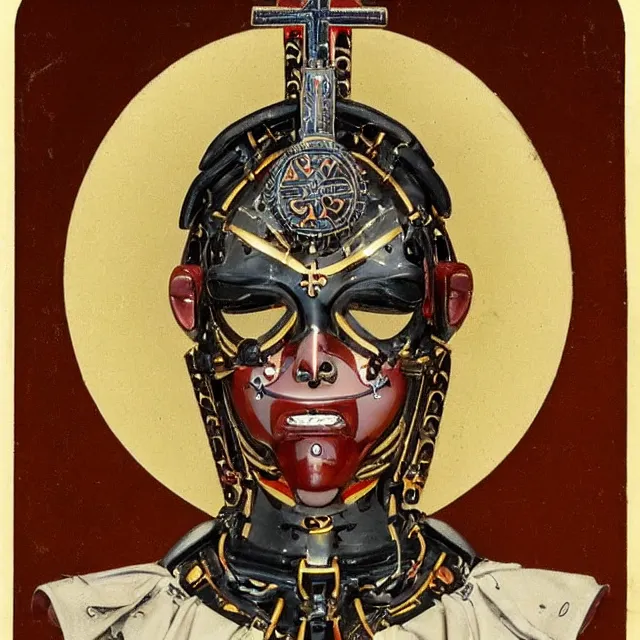 Prompt: a beautiful cyborg made of catholic symbols ceremonial maske