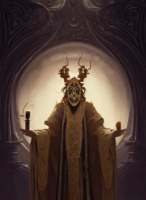 Prompt: slender high priest in a dark ornate robe, with a carved ivory mask, subsurface scattering, by jesper ejsing, justin gerard, tomasz alen kopera, cgsociety and fenghua zhong, highly detailed, rim light, cinematic lighting, illustration, art, octane render, very coherent, cinematic, high detail, octane render, 8 k