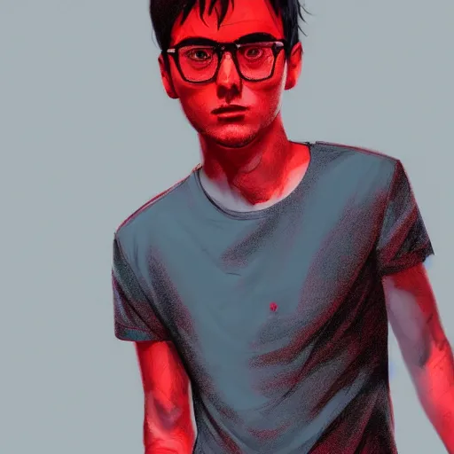 Image similar to a guy with short dark hair on his side, dressed in a red t - shirt, stands still against the backdrop of digital art, 8 k, character, realism, anime, portrait