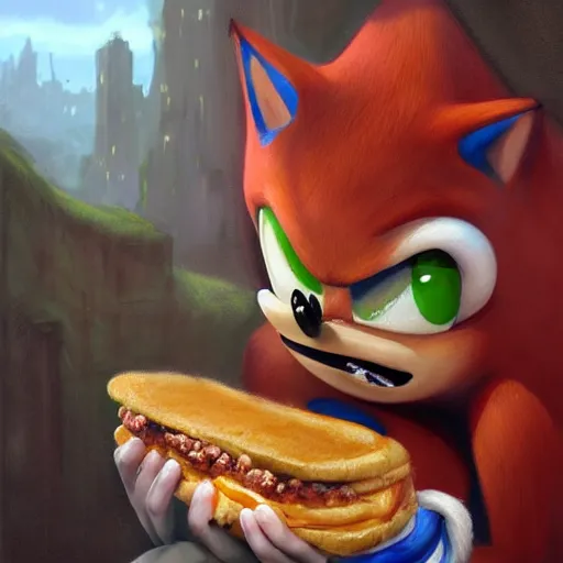 Image similar to A beautiful hyperrealistic detailed matte portrait painting of Sonic eating a sandwich of chorizo by andreas rocha and john howe and Martin Johnson