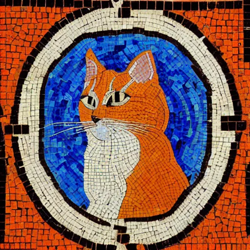 Prompt: a greek mosaic stylistically simplistic representation of an orange white tabby cat