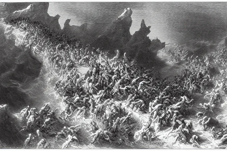 Image similar to aerial view, the biblical crossing of the red sea, Gustave Dore lithography