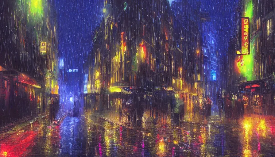 Prompt: brussels at rainy night, neons, lights, wet ground, people with umbrellas, hyperdetailed, artstation, cgsociety, 8 k