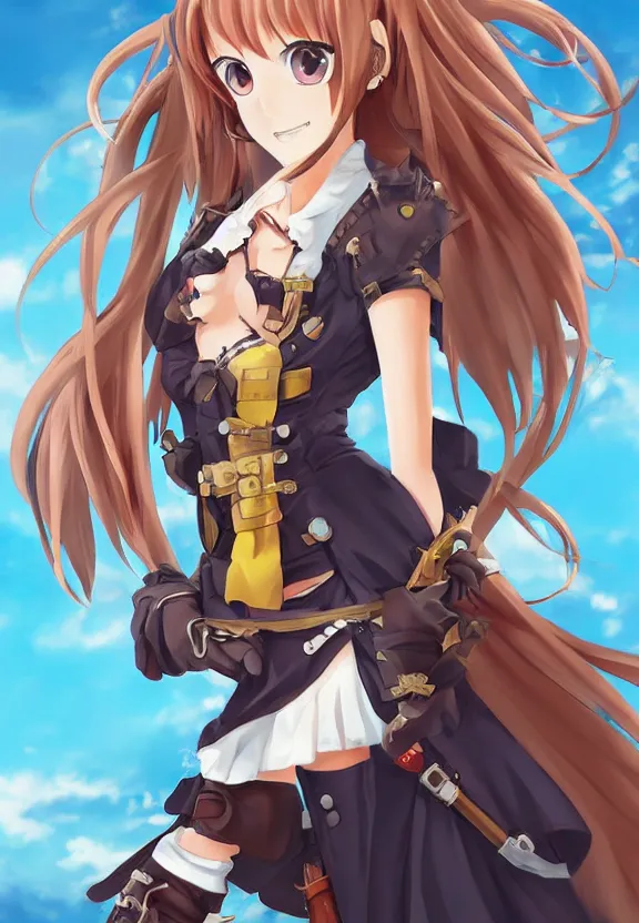 Image similar to extreme wide angle portrait of a female pirate, a cute uniform, somewhat of an anime in fantasy style, trending artwork, made with anime painter studio, by anato finstark, tony sart and an anime artist, collaboration