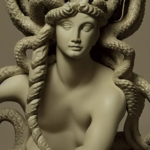 Prompt: a real portrait photo of the mythological medusa, award winning, shallow focus