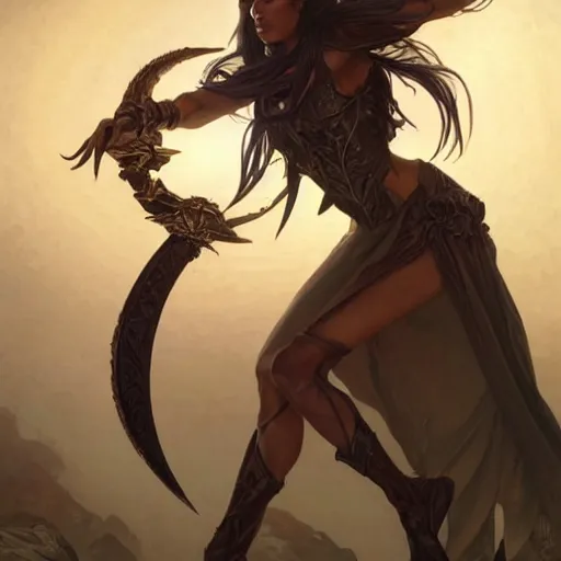 Image similar to Female Dark Elf casting a spell in a dynamic pose, D&D, fantasy, intricate, elegant, highly detailed, digital painting, artstation, concept art, matte, sharp focus, illustration, Arcane, art by Artgerm and Greg Rutkowski and Alphonse Mucha