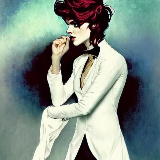 Image similar to beautiful portrait of androgynous ruby rose as desire from sandman in a white tuxedo!!!, rockabilly style, by alphonse mucha, cedric peyravernay, by jeremy mann, by frank moth, white suit and black tie, soft lightning, high detailed, 8 k