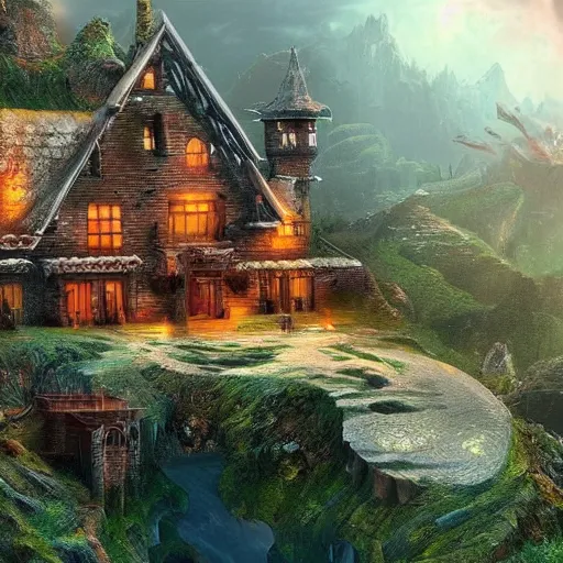 Image similar to nice comfy house fantasy, epic, cinematic, humongous and beautiful landscape