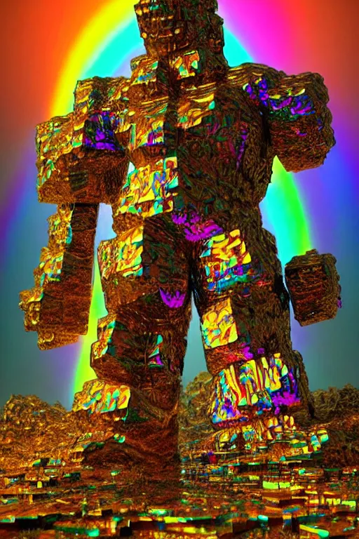 Image similar to concept art of fractal colorful bismuth! metal giant golem : : shiny rainbow bismuth! fractalization : : extremely high details, masterpiece, photorealistic, hyperrealism, vray, octane render, volumetric lighting, depth of field, bokeh, artstation, cgsociety by elyse graham, johannen voss, greg broadmore