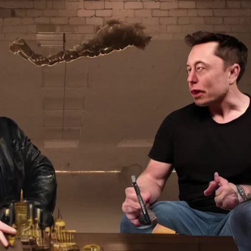 Prompt: joe rogan and elon musk trippy, real life, 8 k, 4 k uhd, realistic, hyper realistic, super detailed, very detailed, detailed