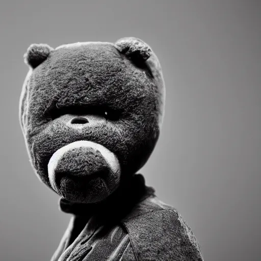 Image similar to Portrait studio photograph of Kanye West standing in front of a anthropomorphic teddy bear, close up, shallow depth of field, in the style of Felice Beato, Noir film still, 40mm