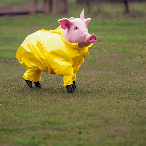 Image similar to photograph of a cute pig walking upright wearing a yellow raincoat