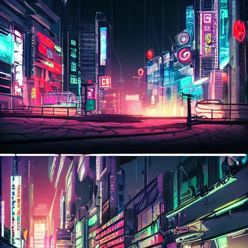 Prompt: 8k octane concept art cyberpunk tokyo town at night neon lights in the style of kazue kato very detailed