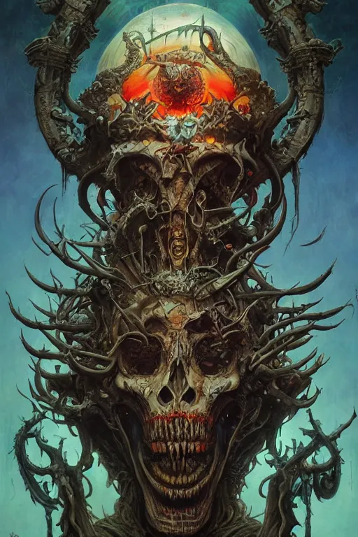 Image similar to evil gigantic alien skull lord of death, fantasy painting, ultra realistic, wide angle, art nouveau, intricate details, rainbowshift, vivid colors, highly detailed by peter mohrbacher, h. r. giger, maxfield parrish, aaron horkey, gaston bussiere, craig mullins