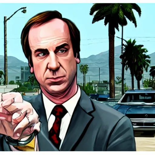 Image similar to Saul Goodman in GTA V . Los Santos in the background, palm trees. In the art style of Stephen Bliss.