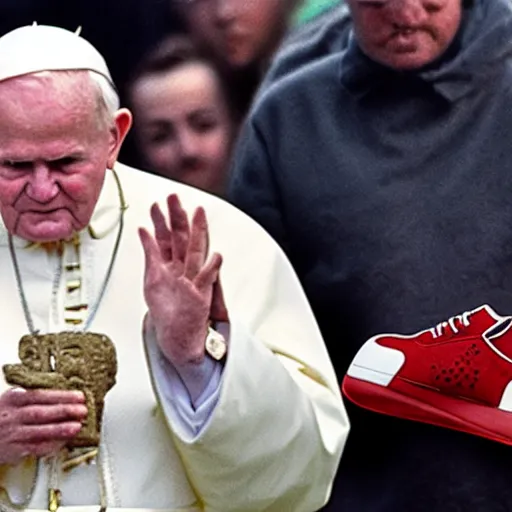 Image similar to john paul ii holding a yeezy sneaker, admiring it