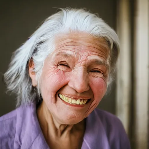 Prompt: happy old woman, smiling, beautiful grey hair and a tear rolling down her cheek, looking down. portrait photography, photorealistic, bright colour.